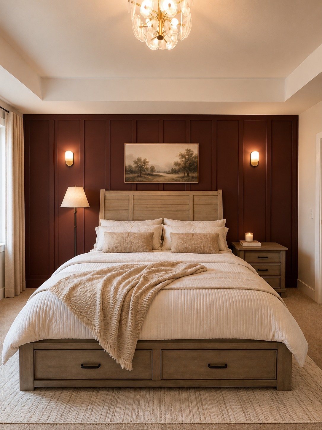 Designer bedroom with a warm panelled accent wall