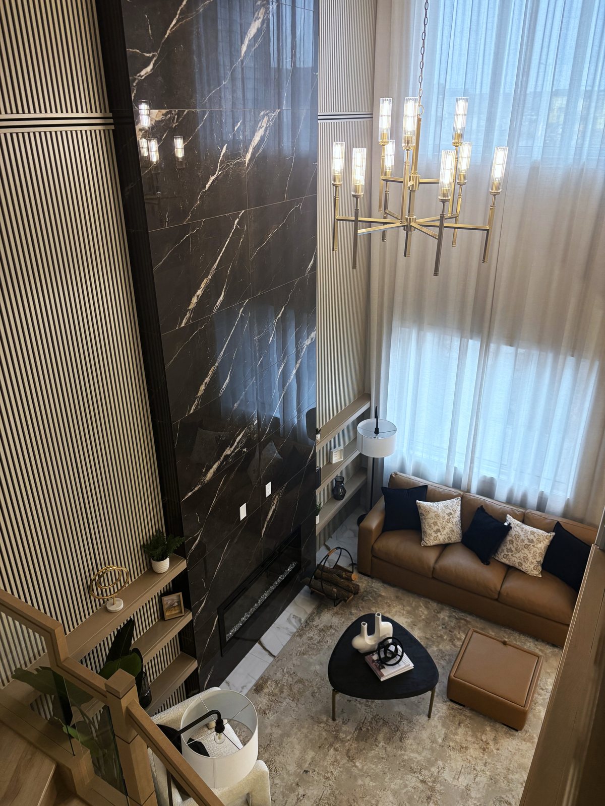 Floor-to-ceiling marble feature wall